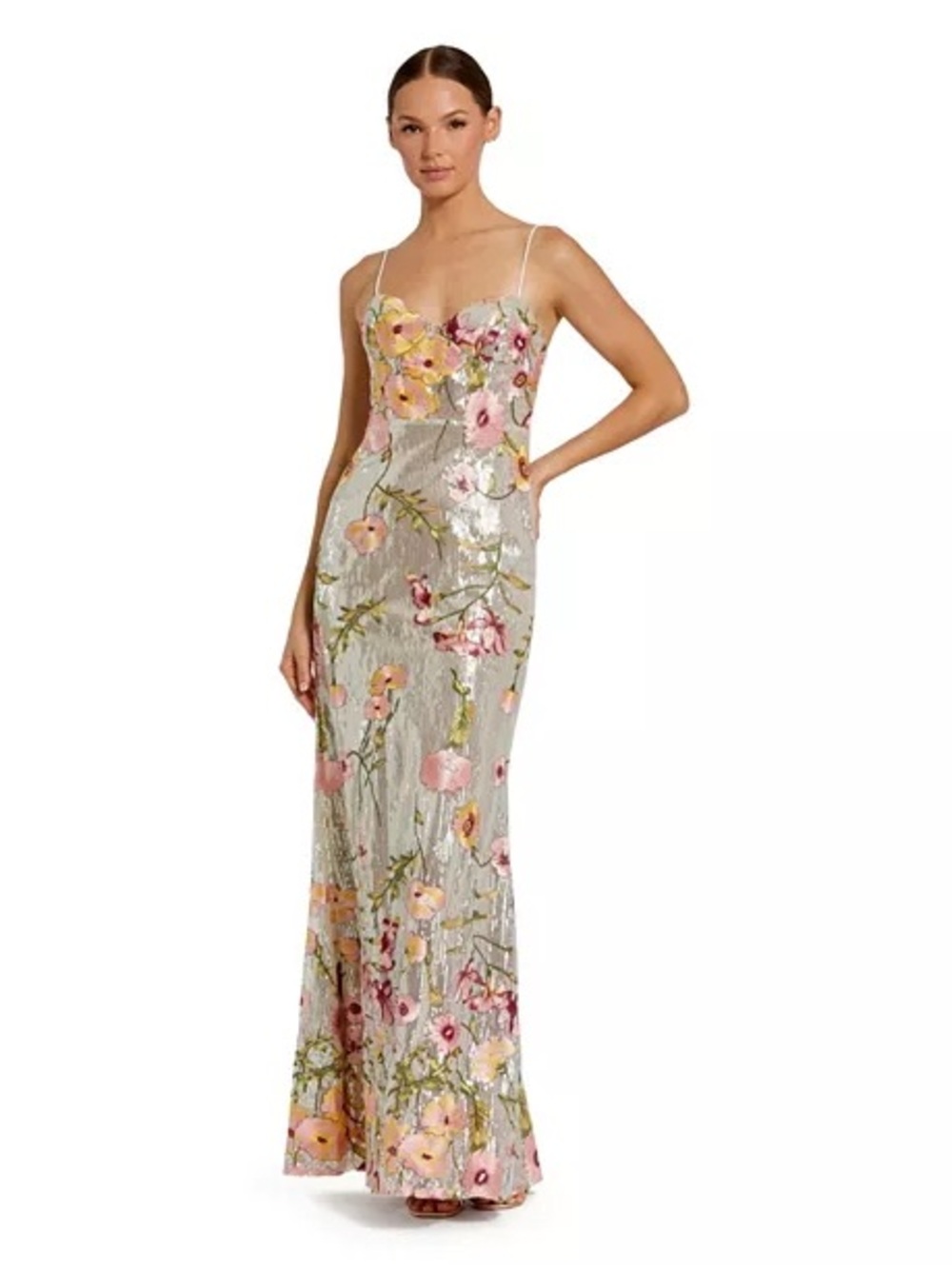 Mac Duggal Silver Sequin Floral Gown with Pink and Yellow Embroidery
